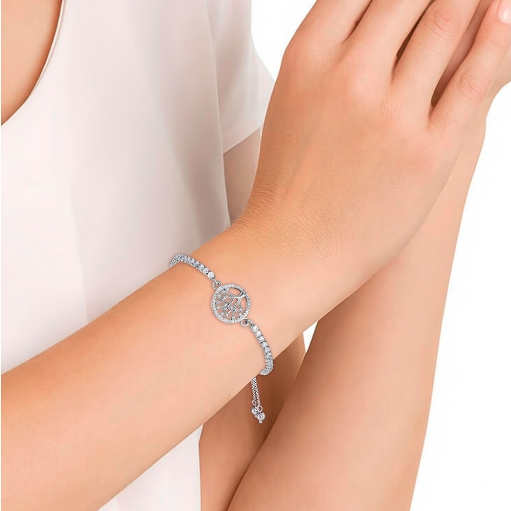 Cubic Zirconia Tree Of Life Adjustable Bolo Bracelet In Silver Plate - Picture 2 of 4